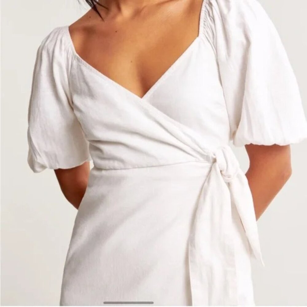 Puff Sleeve Wrap Mini Dress - White (Abercrombie)
